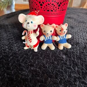 Vintage Christmas Ornaments Set of 3 Flocked Mouse and Bears‎ Festive Decor